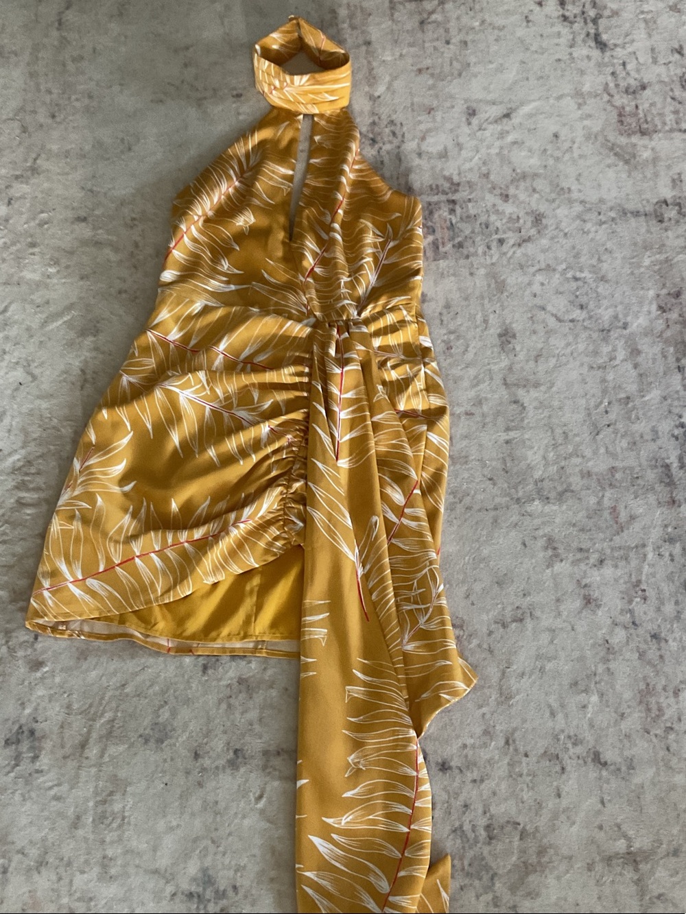 Camila Coelho Mustard Halter Asymmetrical Tropical Print Dress